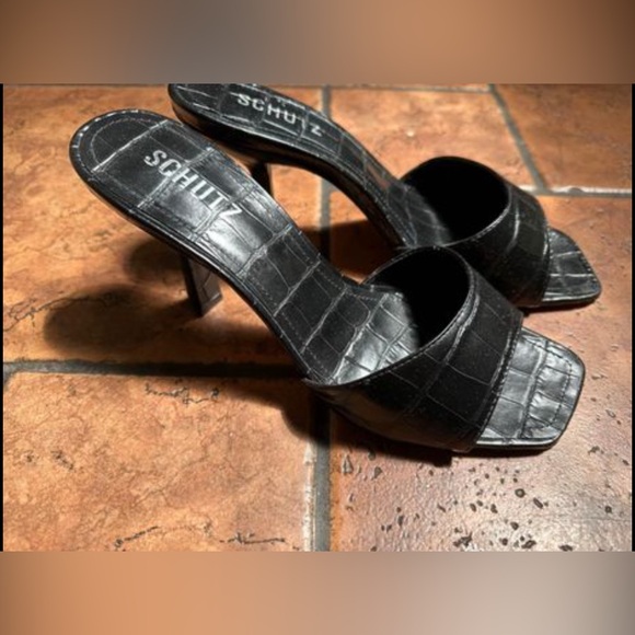 SCHUTZ Women's Posseni High Heel Slide Sandals in Black Croc Embossed - Picture 5 of 8